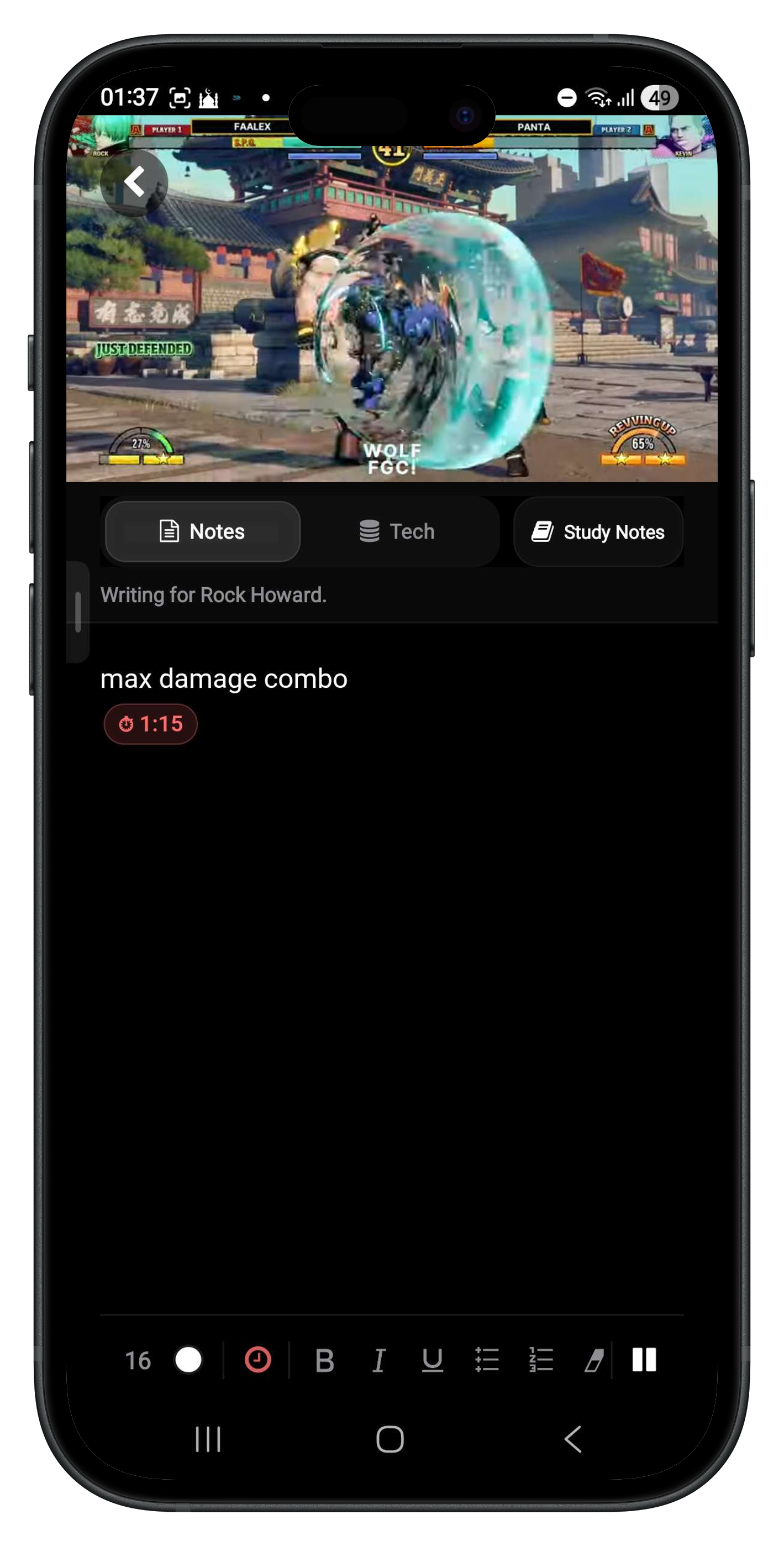 FighterCenter notes screen next to a study video